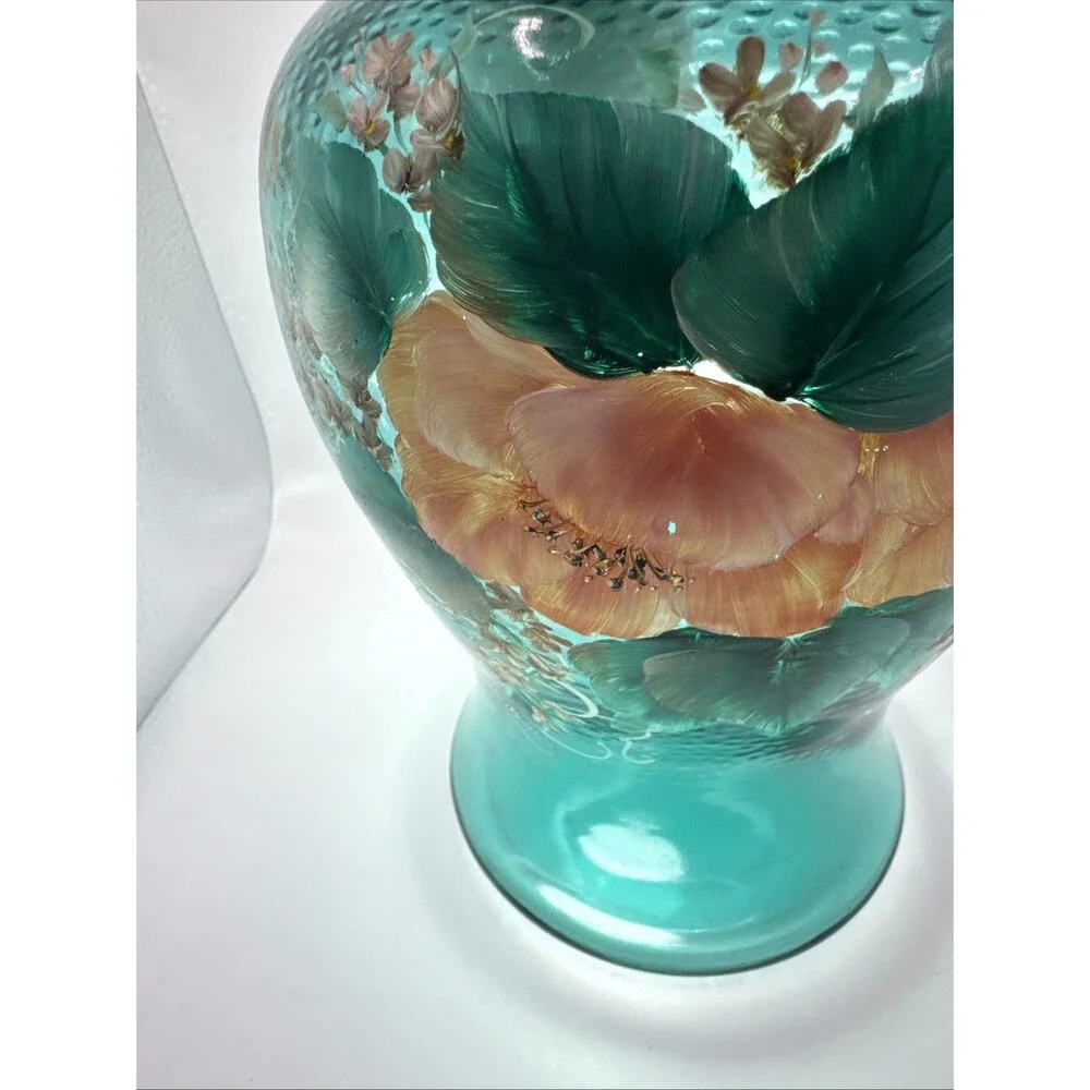 Vintage Hand Painted  Pink Floral On Teal Vase Signed Edwards 9x6.5” Cottagecore